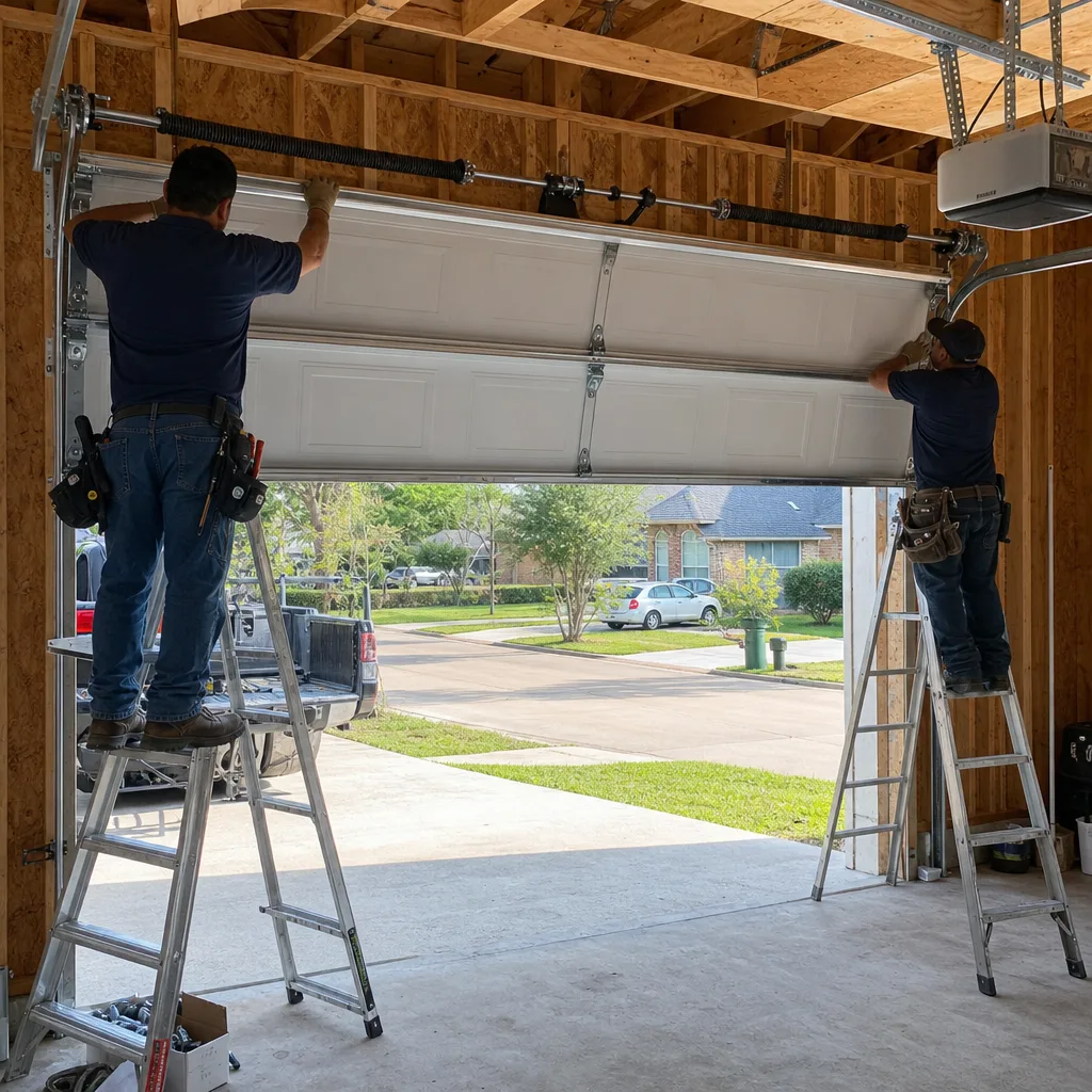 Professional technicians performing a residential garage door installation