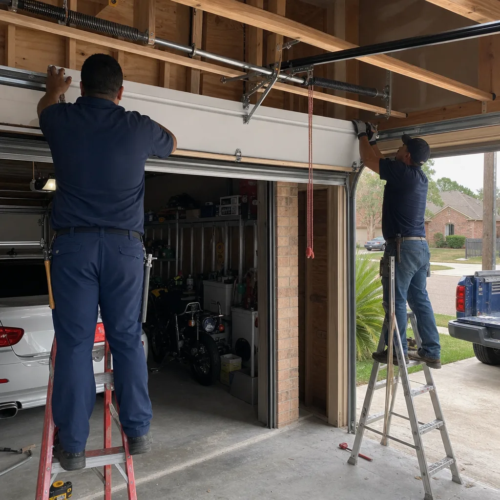 Two professional technicians installing a residential garage door panel