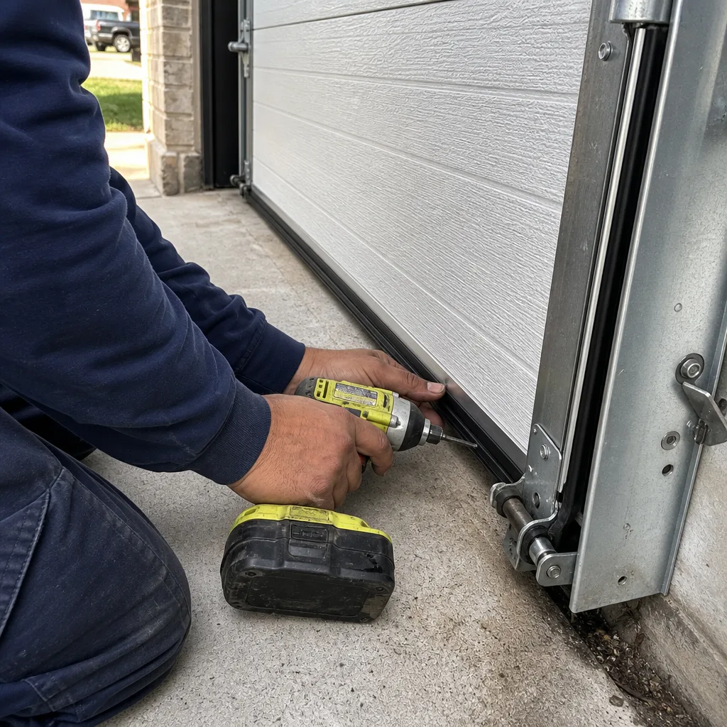 Technician using power drill for professional garage door installation