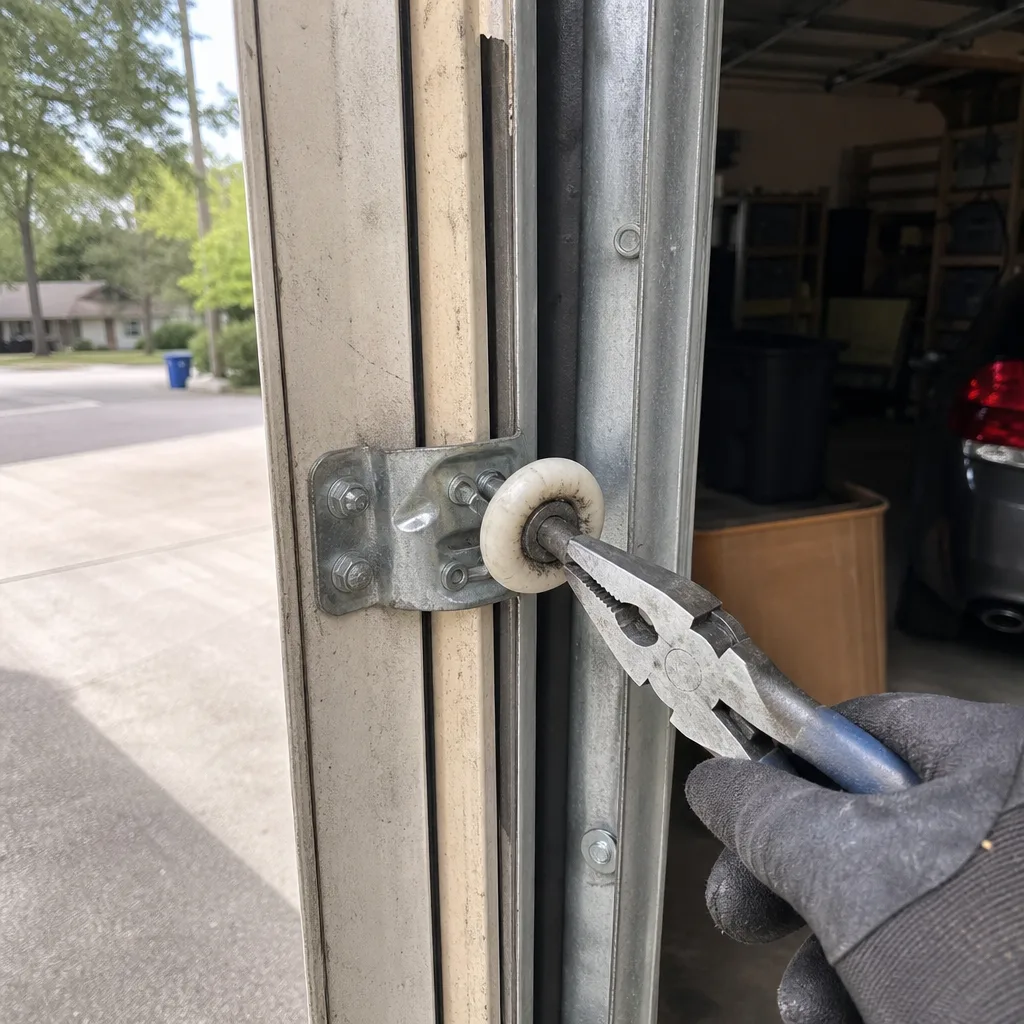 Professional technician performing garage door roller repair and maintenance