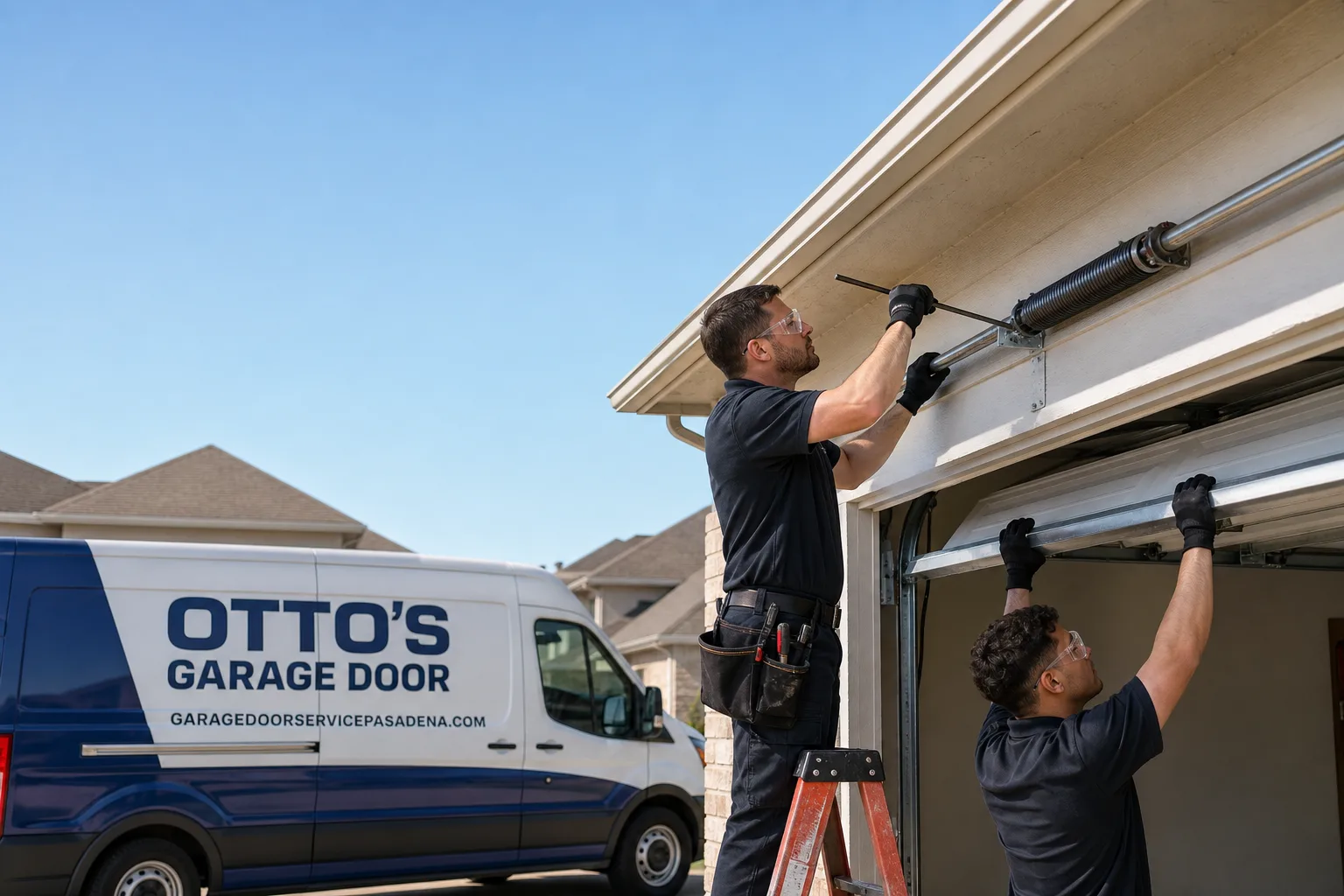 Otto's Garage Door garage door service vehicle and crew in Pasadena, TX